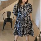 Puff-sleeve Floral Print A-line Dress Black Floral - White - One Size