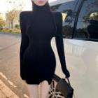 Turtleneck Bodycon Mini Split Dress Black - One Size