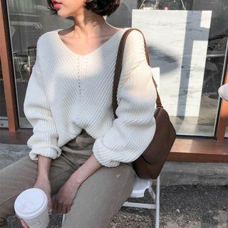 V-neck Perforated Boxy Knit Top