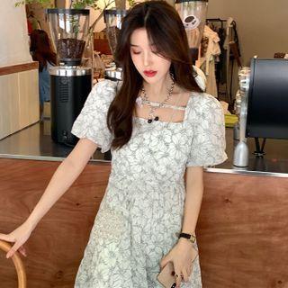 Puff-sleeve Square Neck Flower Print Midi Dress