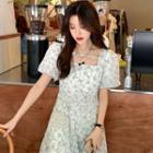 Puff-sleeve Square Neck Flower Print Midi Dress