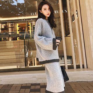 Set: Contrast-trim Sweater + Straight Cut Midi Knit Skirt