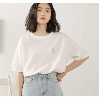 Number Embroidered Elbow-sleeve T-shirt