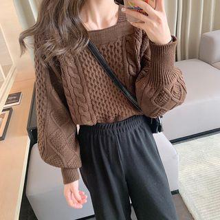 Square-neck Plain Cable-knit Sweater