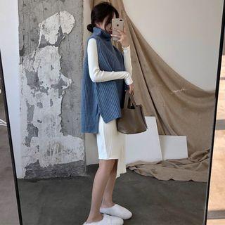 Turtleneck Ribbed Sweater Vest/ Mock Neck Asymmetrical Midi Knit Dress