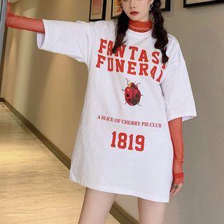 Set: Printed Elbow-sleeve T-shirt + Sheer Top