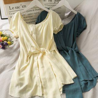 Boatneck Tie-front Mini Shirtdress