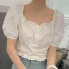 Ruffle Trim Square Neck Puff Sleeve Top White - One Size