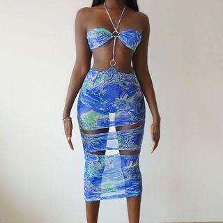 Halter-neck Print Cutout Midi Bodycon Dress