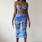 Halter-neck Print Cutout Midi Bodycon Dress