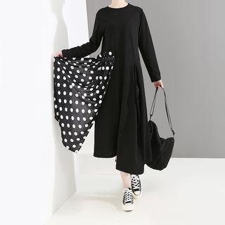 Long-sleeve Asymmetric Polka Dot Mesh Paneled Midi Dress