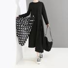 Long-sleeve Asymmetric Polka Dot Mesh Paneled Midi Dress