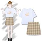 Set : Printed Short-sleeved Top + Lattice Skirt