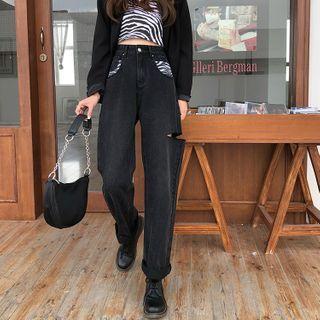 High-waist Printed Washed Wide Leg Jeans