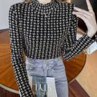 Long-sleeve Mock-neck Patterned Mesh Top