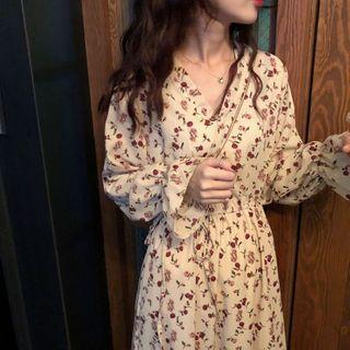 V-neck Flared-cuff Floral Print Midi A-line Dress