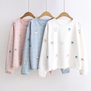 Printed Fringed Hem Long-sleeve T-shirt
