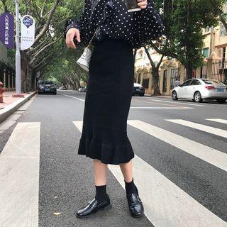 Knit Ruffle Hem Midi Pencil Skirt