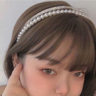 Faux Pearl Rhinestone Layered Headband 2 Layer - White & Silver - One Size
