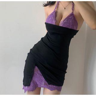 Lace Panel Spaghetti-strap Asymmetric Mini Sheath Dress