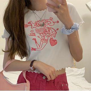 Short-sleeve Embroidered Frill Trim T-shirt / Denim A-line Mini Skirt