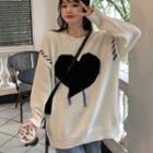 Heart Embroidered Oversize Knit Sweater White - One Size