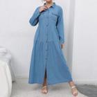 Long Sleeve Shirt Collar Denim Maxi Dress