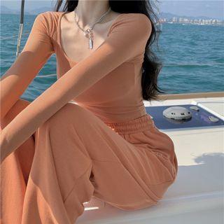 Long-sleeve Letter Embroidered Top / Wide-leg Pants