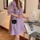 Long-sleeve V-neck A-line Dress Purple - One Size