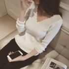 V-neck Scallop Trim Sweater