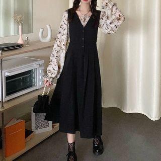Floral Blouse / Plain Midi Jumper Dress