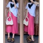 Elbow-sleeve Heart Print T-shirt / Accordion Pleat Midi Skirt