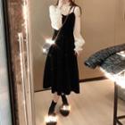 Ruffle Trim Blouse / Spaghetti Strap Velvet Midi A-line Dress