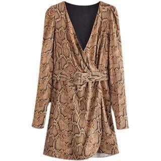 V-neck Snake Print Belted Mini A-line Dress