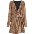 V-neck Snake Print Belted Mini A-line Dress