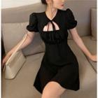 Plain Puff-sleeve Tie-neck Dress