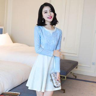 Two-tone Long-sleeve A-line Lace Dress