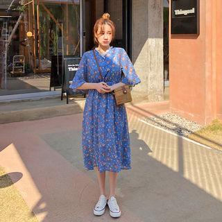 Lace-trim Floral Print Dress Sky Blue - One Size