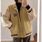 Long-sleeve Color-block Corduroy Jacket Khaki - One Size