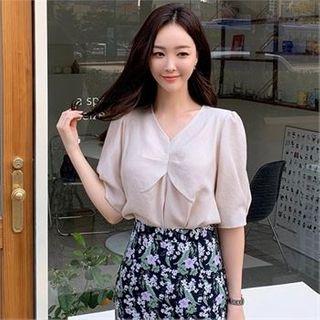 Puff-shoulder Shirred Blouse
