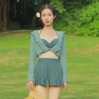 Set: Halter-neck Wrap Tankini Top + Ruffle Swim Skirt + Cover Up