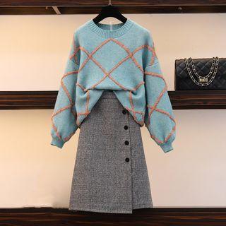 Set: Balloon-sleeve Argyle Knit Sweater + Houndstooth Wrap A-line Skirt