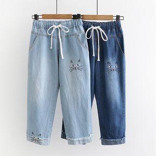 Cat Embroidered Crop Jeans