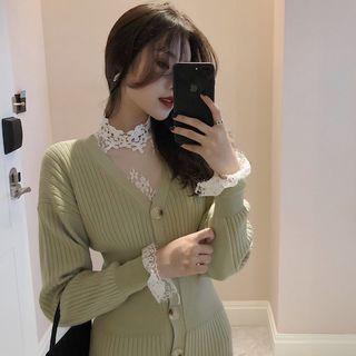 Long-sleeve Lace Top/ Buttoned Midi Knit Dress