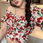 Short-sleeve Cherry Print Cropped Blouse