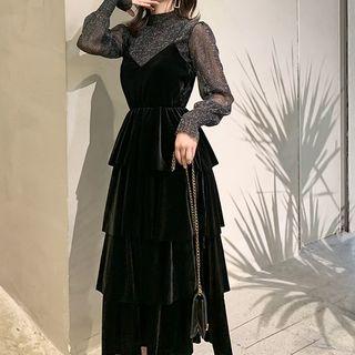 Set: Mock-turtleneck Balloon-sleeve Glitter Blouse + Midi Velvet Layered Pinafore Dress