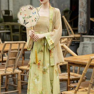 Set: Spaghetti Strap Floral Maxi A-line Dress + Jacket