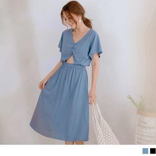 Gather-waist Plain Midi Dress