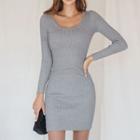 Scoop Neck Knit Long-sleeve Mini Sheath Dress Gray - One Size