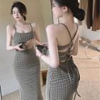 Spaghetti Strap Houndstooth Open Back Midi Sheath Dress